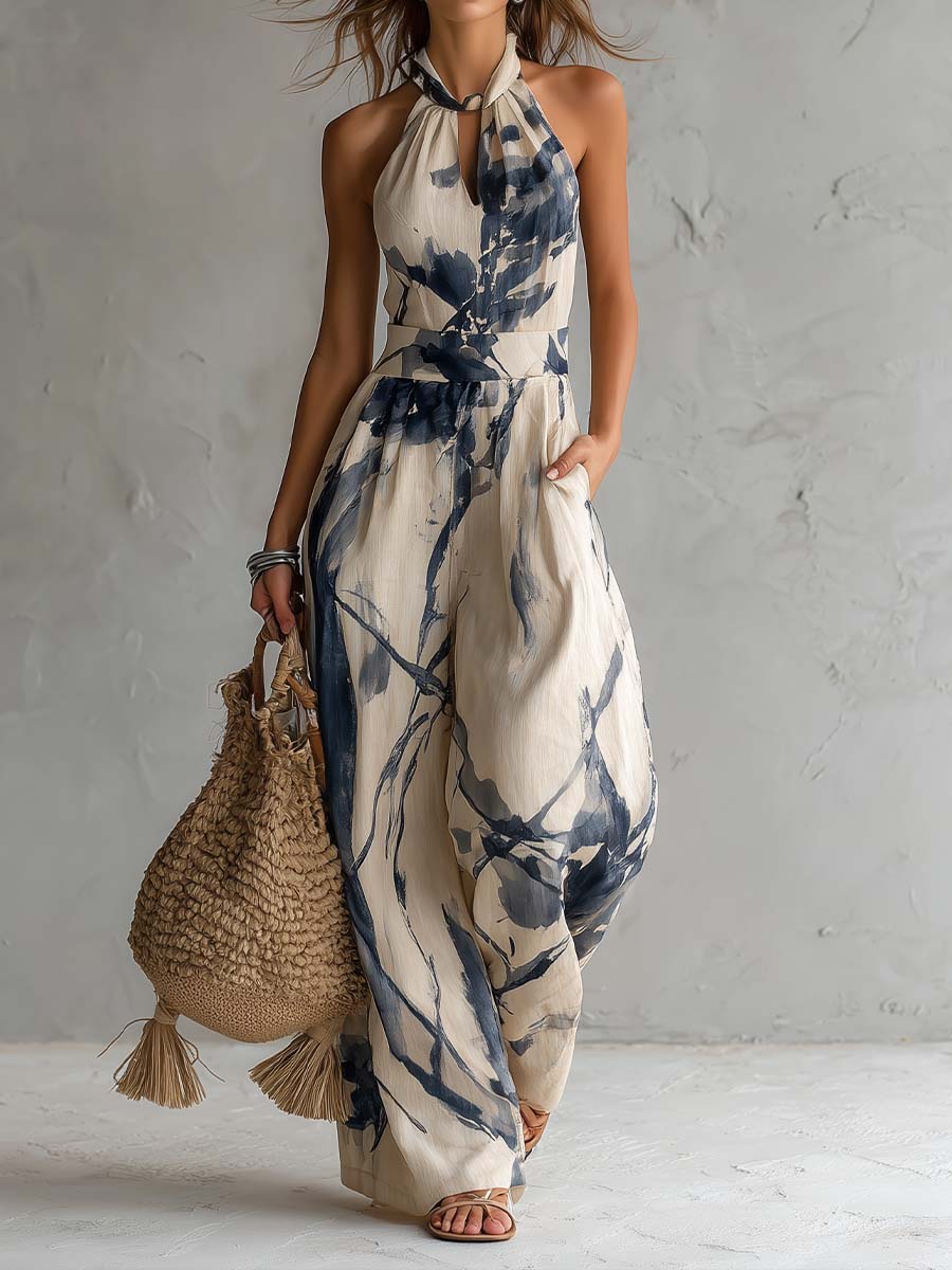 Jumpsuit con scollo all'americana e stampa ad inchiostro lavato, con tasche e gamba larga