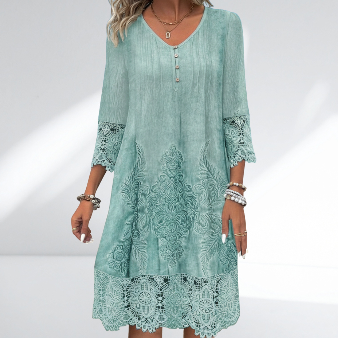 Boho Lace Trim Dress – Embroidered Three Quarter Sleeve