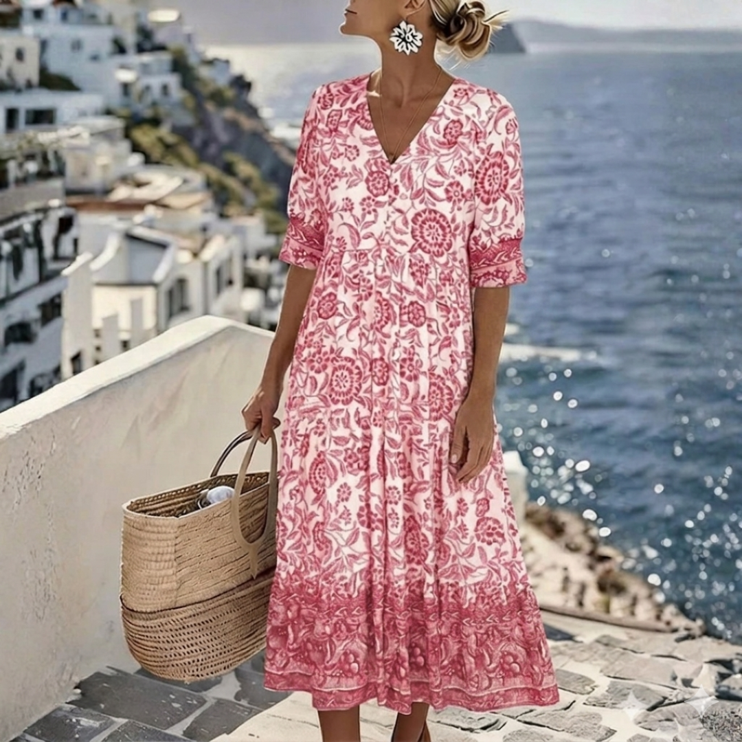 AURORA™ - ELEGANT FLORAL V-NECK A-LINE DRESS
