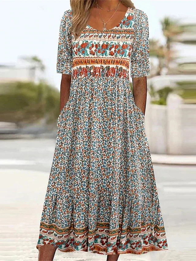 GRACIE | ELEGANT BOHO TUMMY-COVERAGE MIDI DRESS