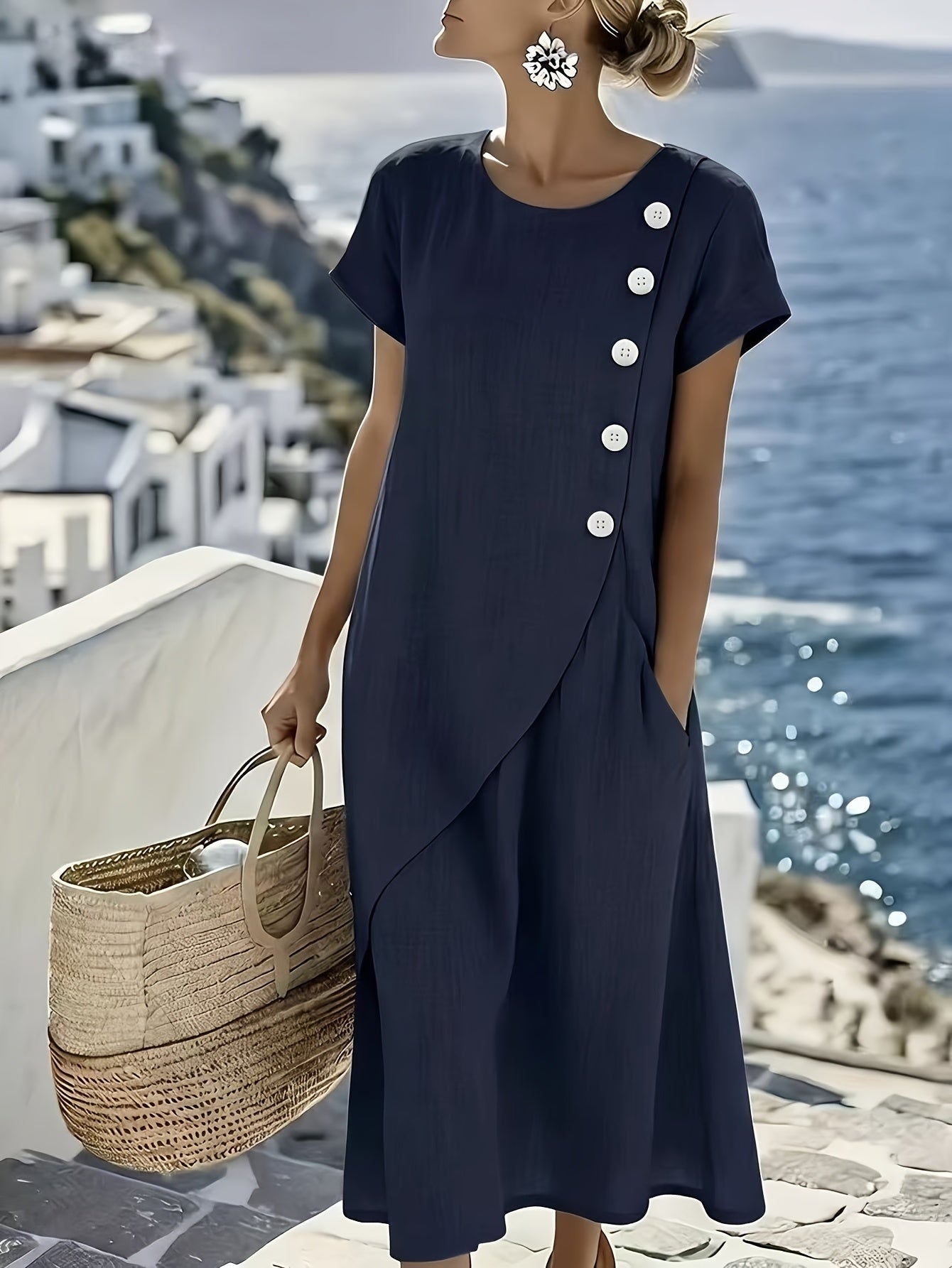 YYTT - Elegante damesjurk in eilandstijl voor op vakantie, ronde hals, korte mouwen, losse zoom, vloeiende lange jurk, linnen lichtgewicht en ademend, geschikt voor reizen, strand, feestjes en meerdere gelegenheden, frisse zomerjurk met losse pasvorm voor