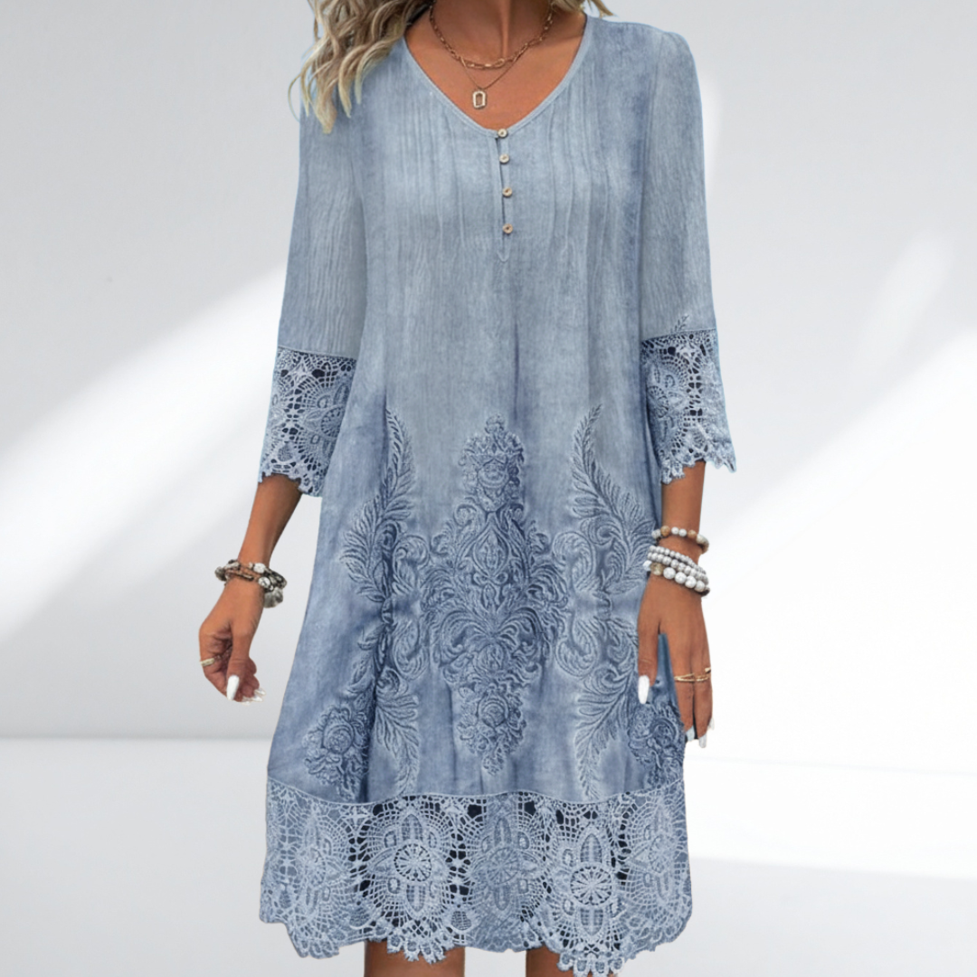Boho Lace Trim Dress – Embroidered Three Quarter Sleeve