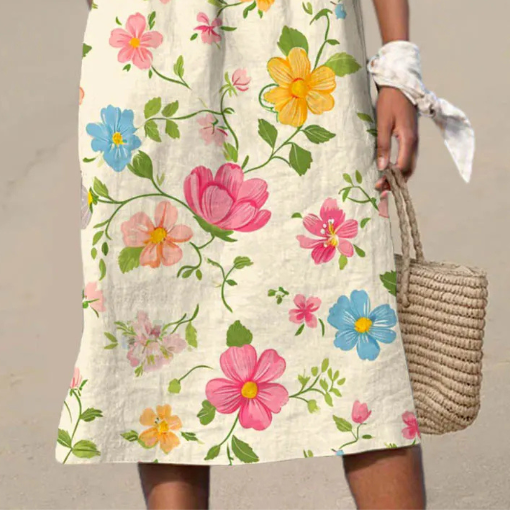 Amara - Sleeveless Cotton Linen Floral Art Print Dress
