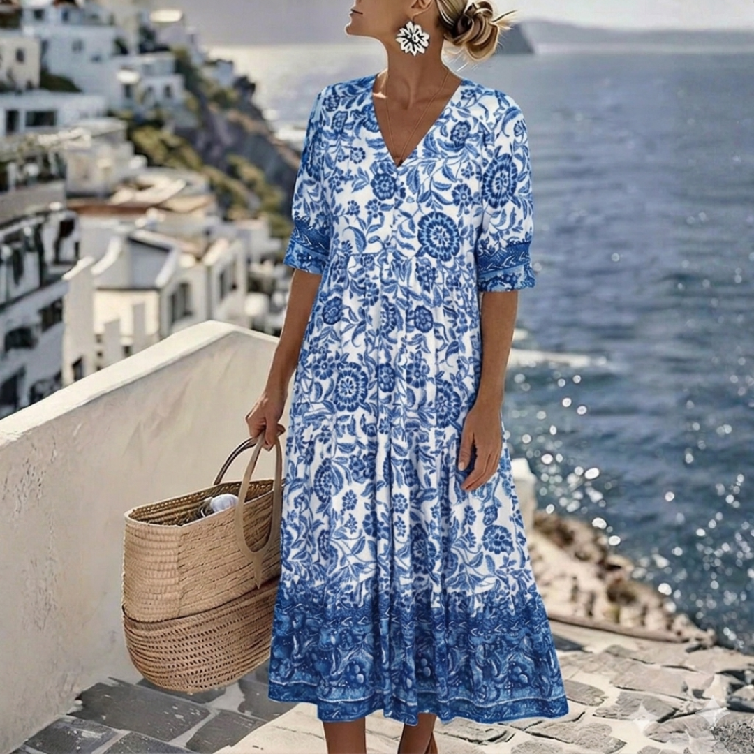 AURORA™ - ELEGANT FLORAL V-NECK A-LINE DRESS