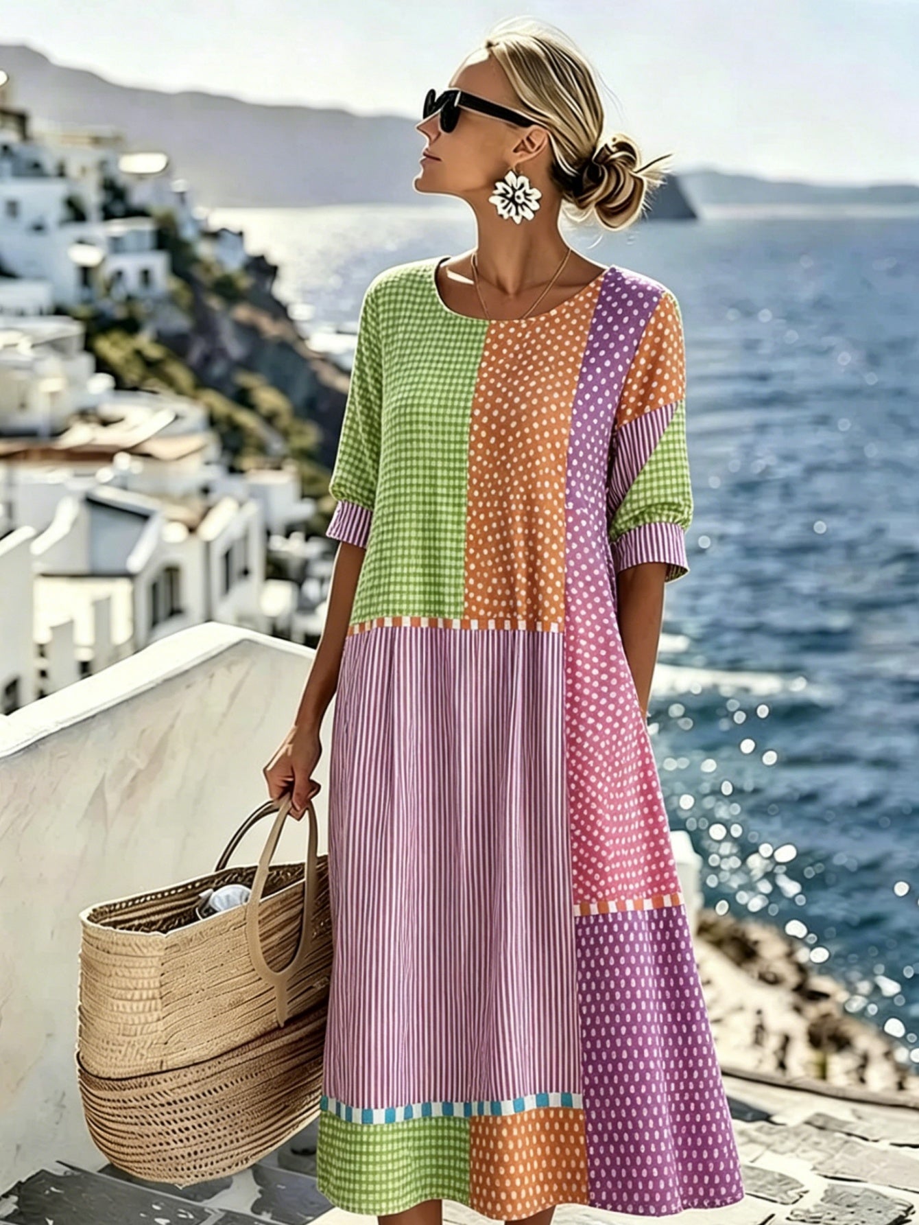 Dames Zomerjurk Kleurblokken Geruit Polka-Dot Gestreept Ronde Hals Jurk met Zak Ontwerp Gemaakt van Vezel Machinewasbaar Strandvakantie Stijl Perfect voor Casual Uitjes De Beste Keuze om Cadeau te Geven