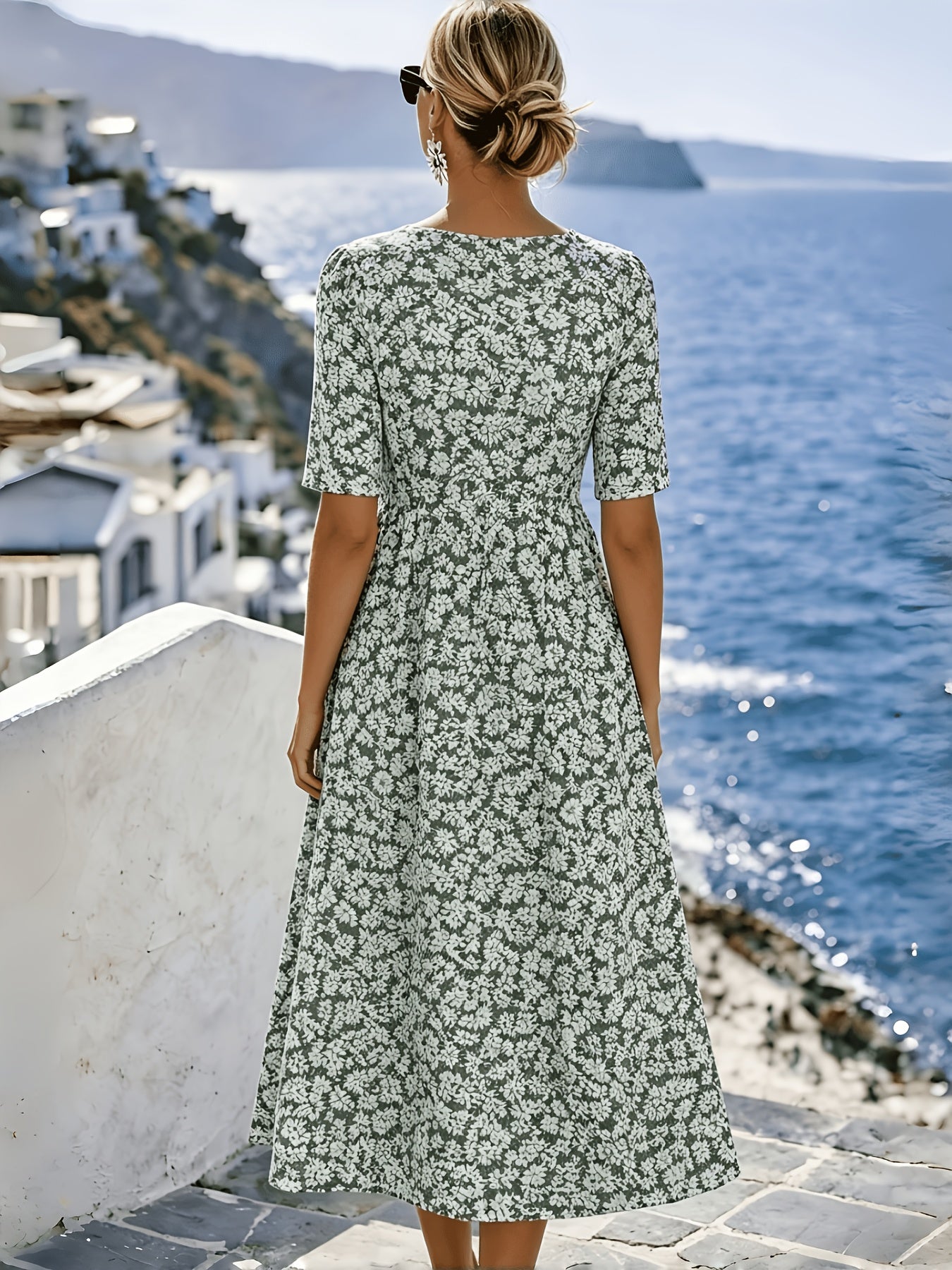 Dames Midi Jurk, Vakantie Casual Regular Fit Bloemenprint Boheemse Stijl Korte Mouw Ronde Hals Lente Zomer Stijl