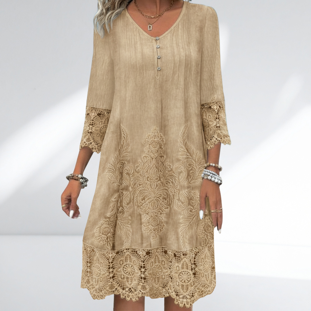 Boho Lace Trim Dress – Embroidered Three Quarter Sleeve