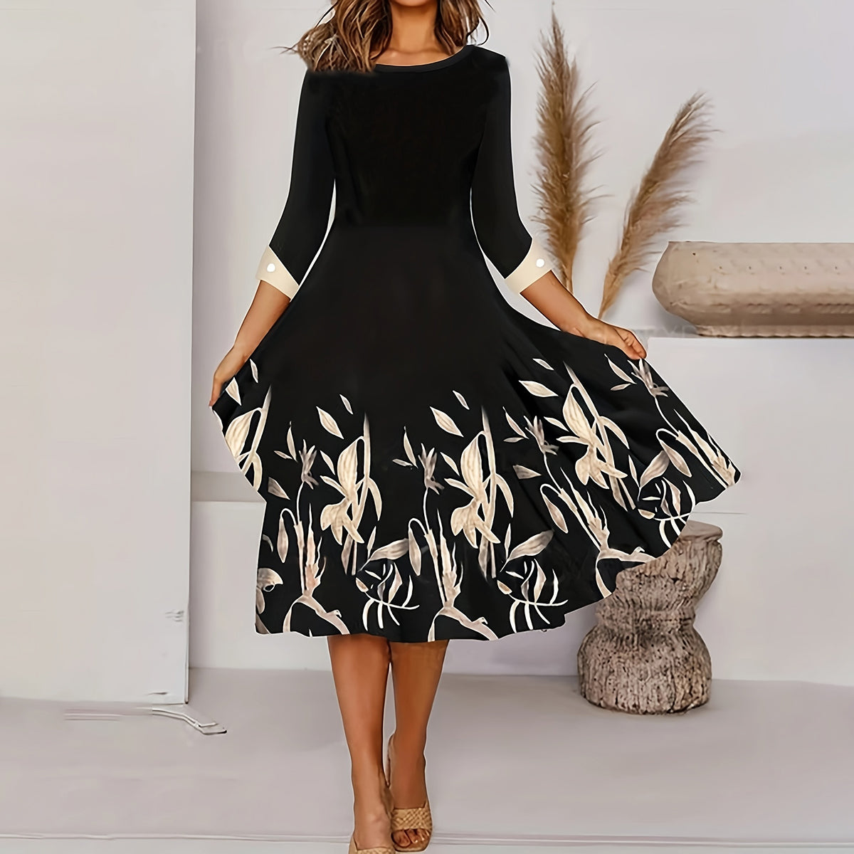 Three-Quarter Sleeve Floral A-Line Midi Dress – Wedding Guest
