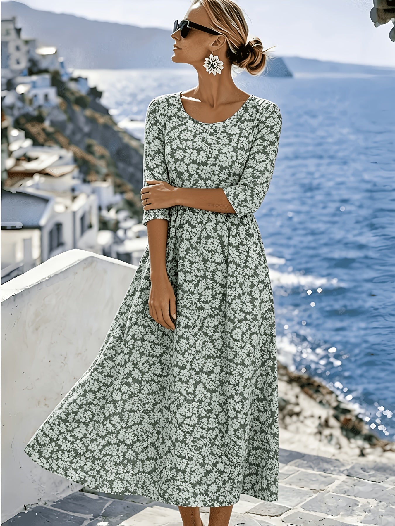 Dames Midi Jurk, Vakantie Casual Regular Fit Bloemenprint Boheemse Stijl Korte Mouw Ronde Hals Lente Zomer Stijl