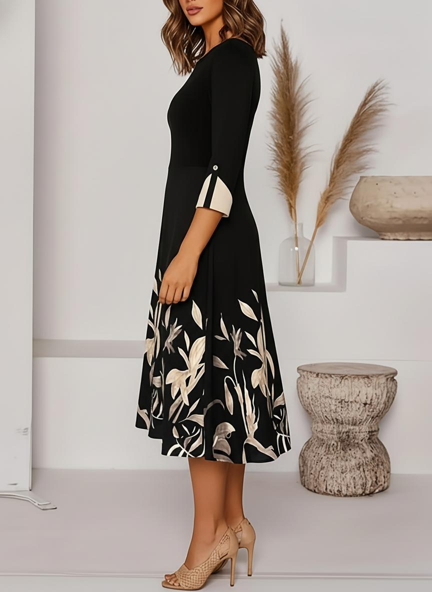 Three-Quarter Sleeve Floral A-Line Midi Dress – Wedding Guest