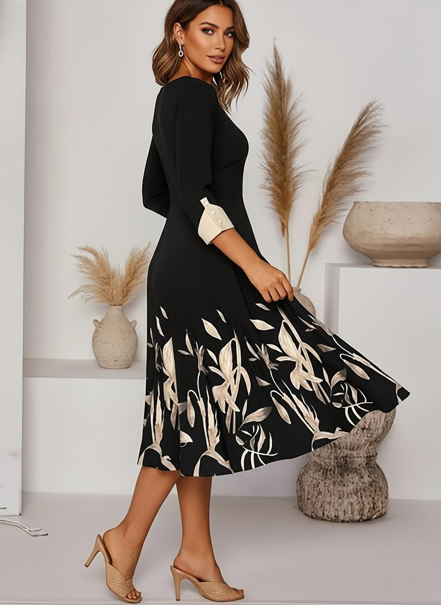 Three-Quarter Sleeve Floral A-Line Midi Dress – Wedding Guest