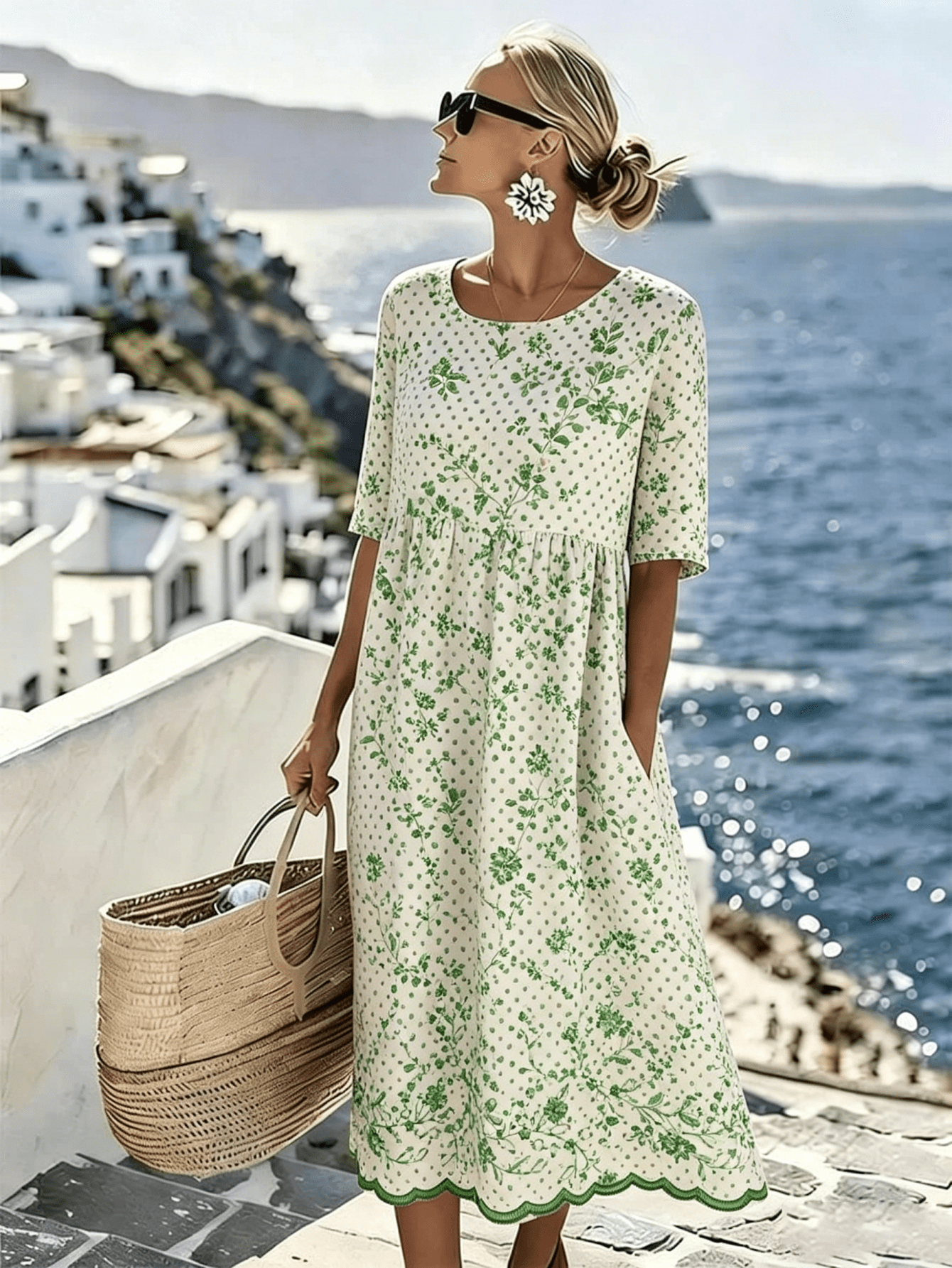 Dames Midi Jurk in Grote Maten, Casual Losse Empire Taille Swing Jurk met Brede Schouders en Zijzakken, Witte Basis met Groene Bloemenrank & Polka Dot Print, Perfecte Zomer Strandkleding voor Curvy Dames in Grote Maten
