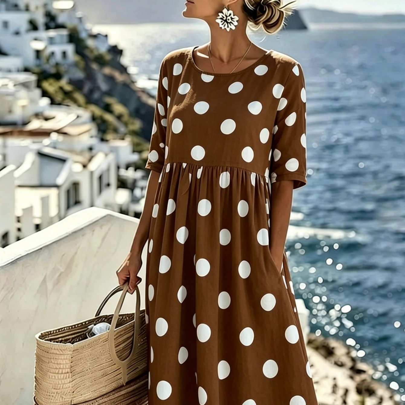 Zomerjurk voor dames met witte stippen, ronde hals en zakontwerp, gemaakt van polyestervezel, machinewasbaar, strandvakantiestijl, perfect voor informele uitjes, de beste keuze om cadeau te geven