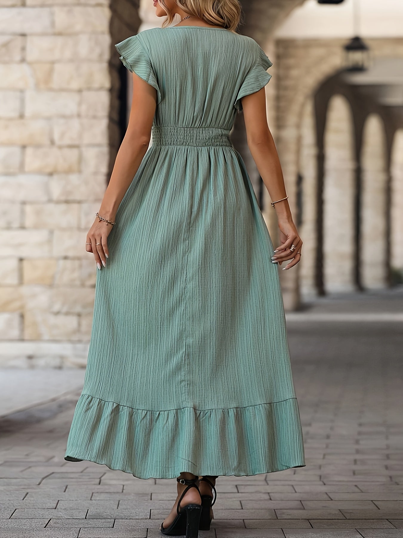 Resti | Deep V-Neck Maxi Dress with Short Sleeves, Cinched Waist, and Ruffle Details – Effortless Elegance