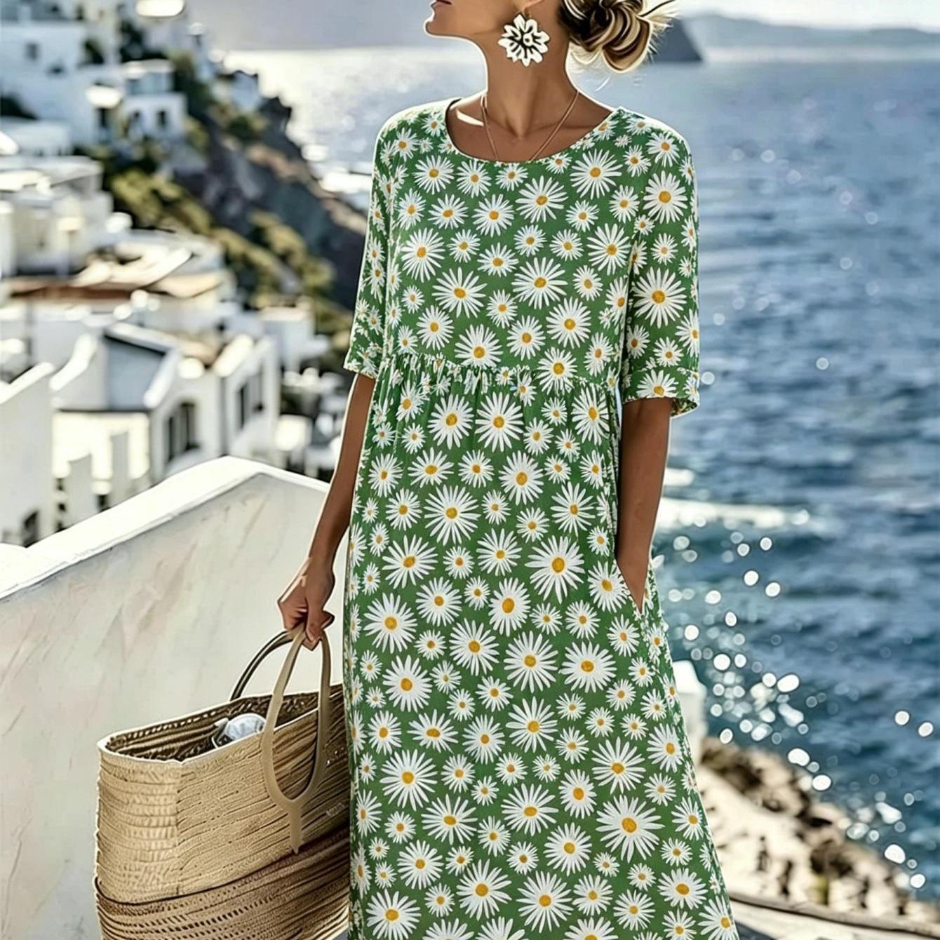 Grote maten, damesjurk in grote maten met zakken, driekwartmouwen, ronde hals, losse pasvorm, hoge taille, geplooid ontwerp, groen-witte madeliefjesprint, bohemien stijl, perfect voor stranduitjes en casual zomervakanties, 2D platte print, 2D plat