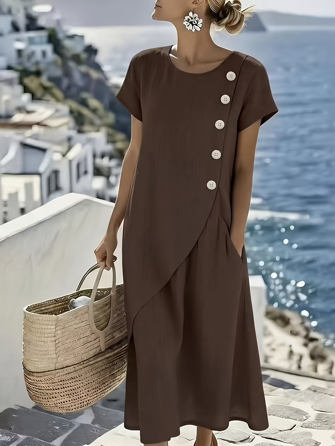 YYTT - Elegante damesjurk in eilandstijl voor op vakantie, ronde hals, korte mouwen, losse zoom, vloeiende lange jurk, linnen lichtgewicht en ademend, geschikt voor reizen, strand, feestjes en meerdere gelegenheden, frisse zomerjurk met losse pasvorm voor