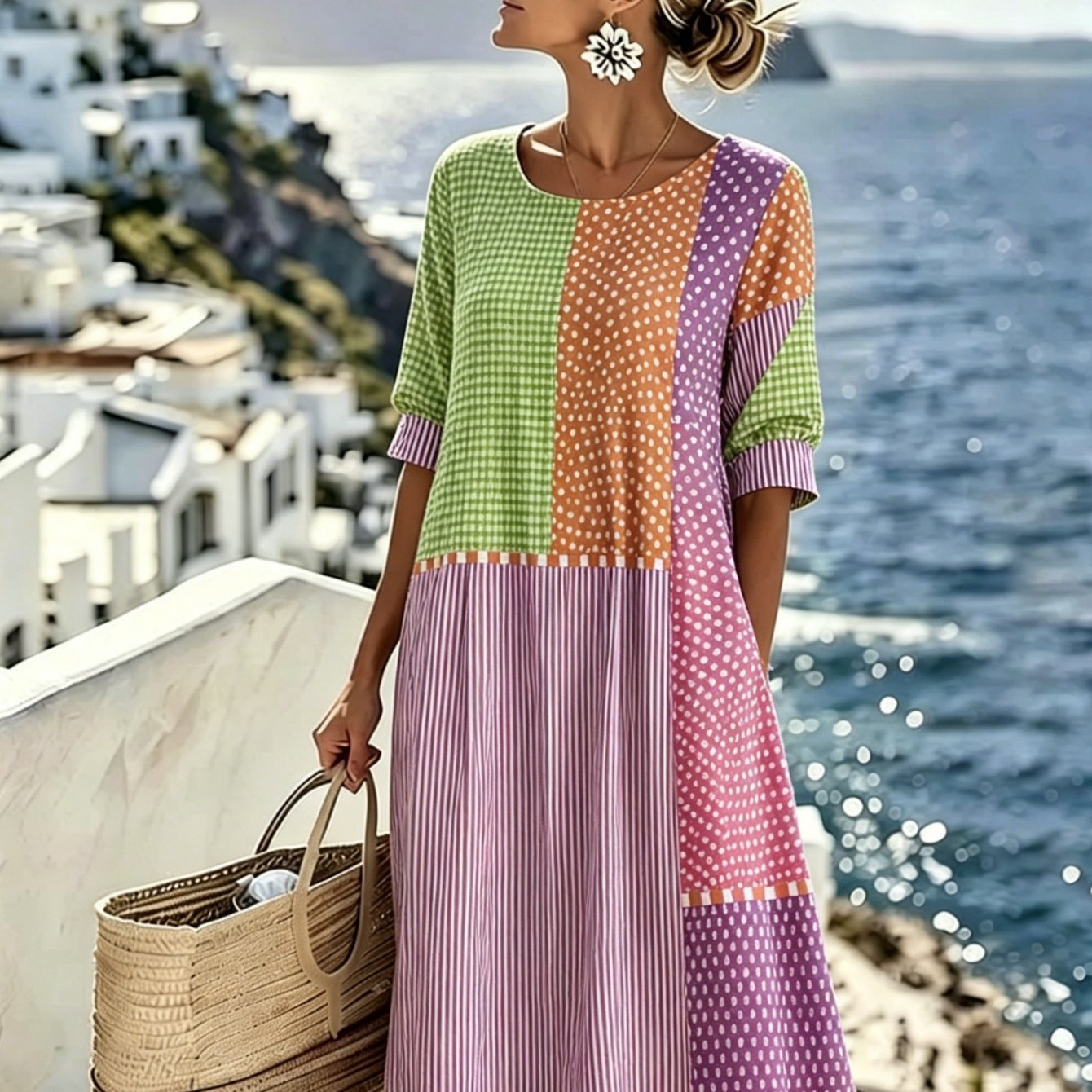 Dames Zomerjurk Kleurblokken Geruit Polka-Dot Gestreept Ronde Hals Jurk met Zak Ontwerp Gemaakt van Vezel Machinewasbaar Strandvakantie Stijl Perfect voor Casual Uitjes De Beste Keuze om Cadeau te Geven