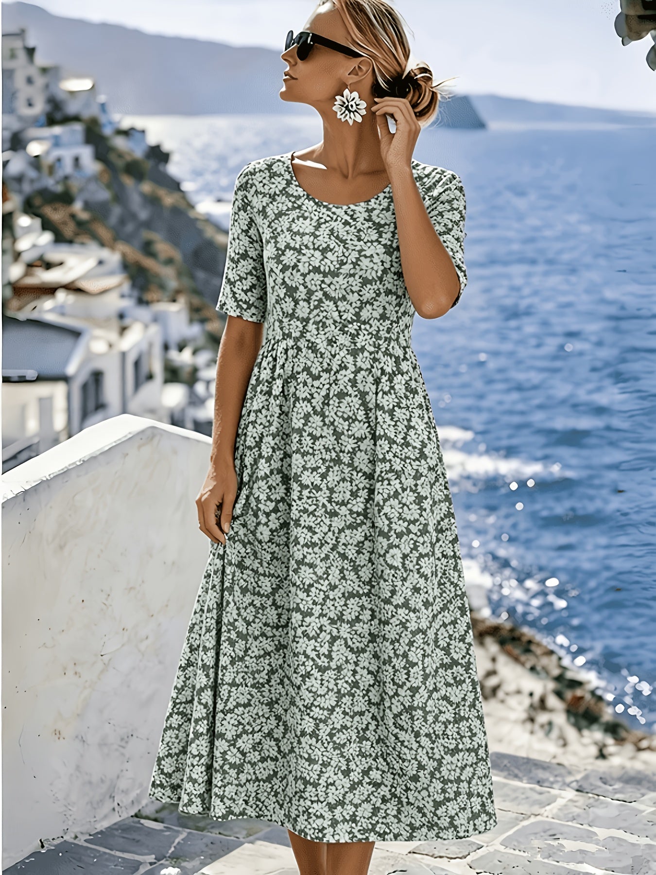 Dames Midi Jurk, Vakantie Casual Regular Fit Bloemenprint Boheemse Stijl Korte Mouw Ronde Hals Lente Zomer Stijl
