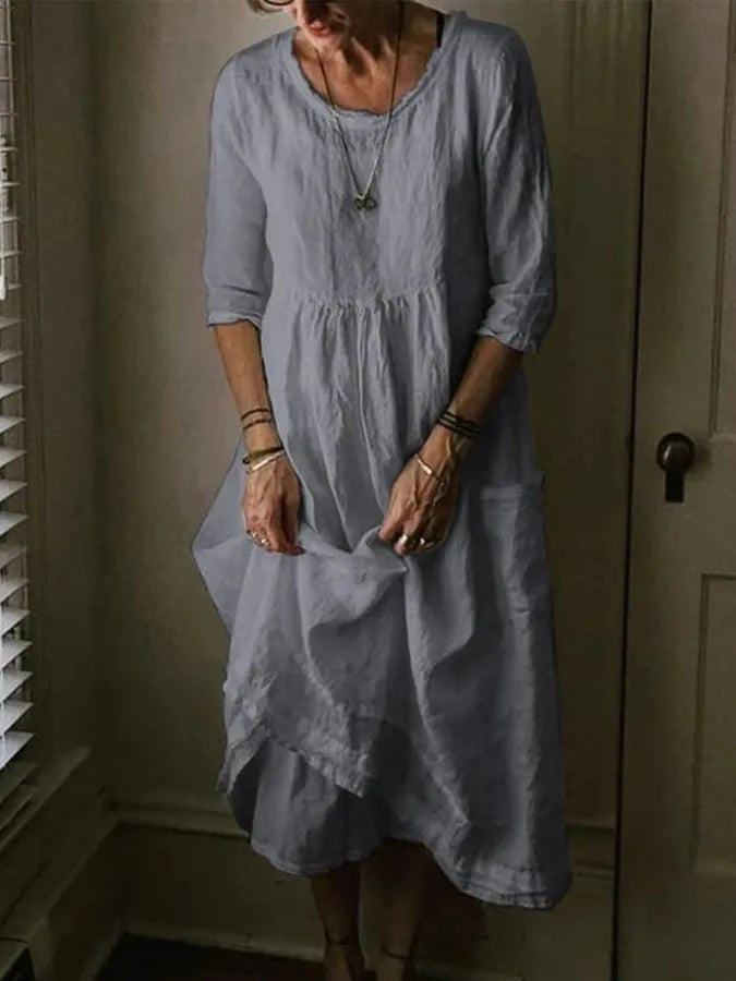 Félesca | Women's cotton linen maxi summer dress with round neck and short sleeves
