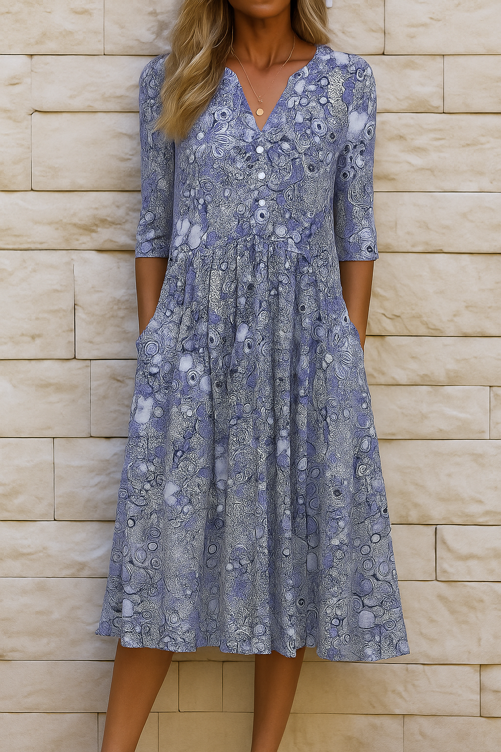 Élise | Printed V Neck Midi Dress