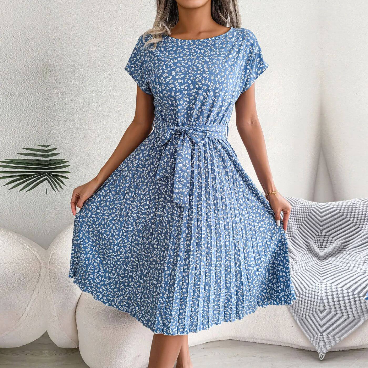 Women Floral Summer Midi Dress - Short Sleeve Belted Pleated Dress