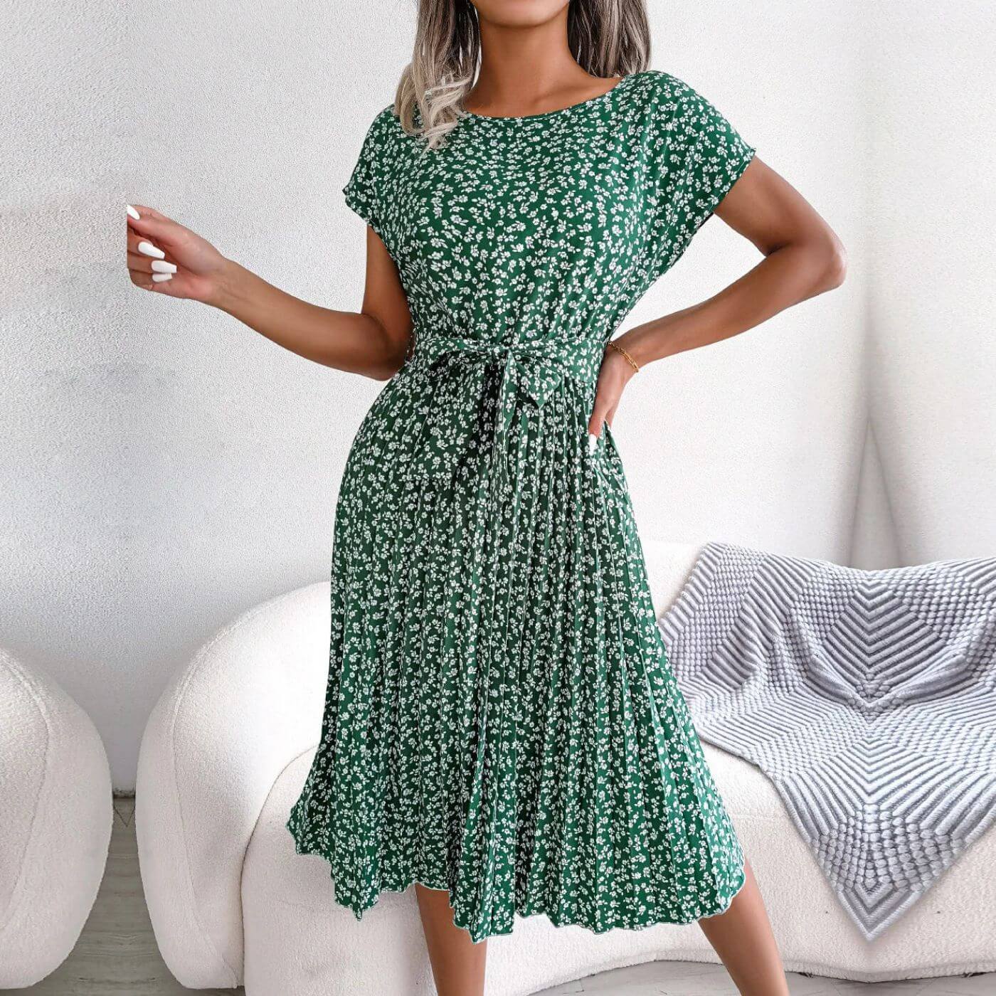 Women Floral Summer Midi Dress - Short Sleeve Belted Pleated Dress
