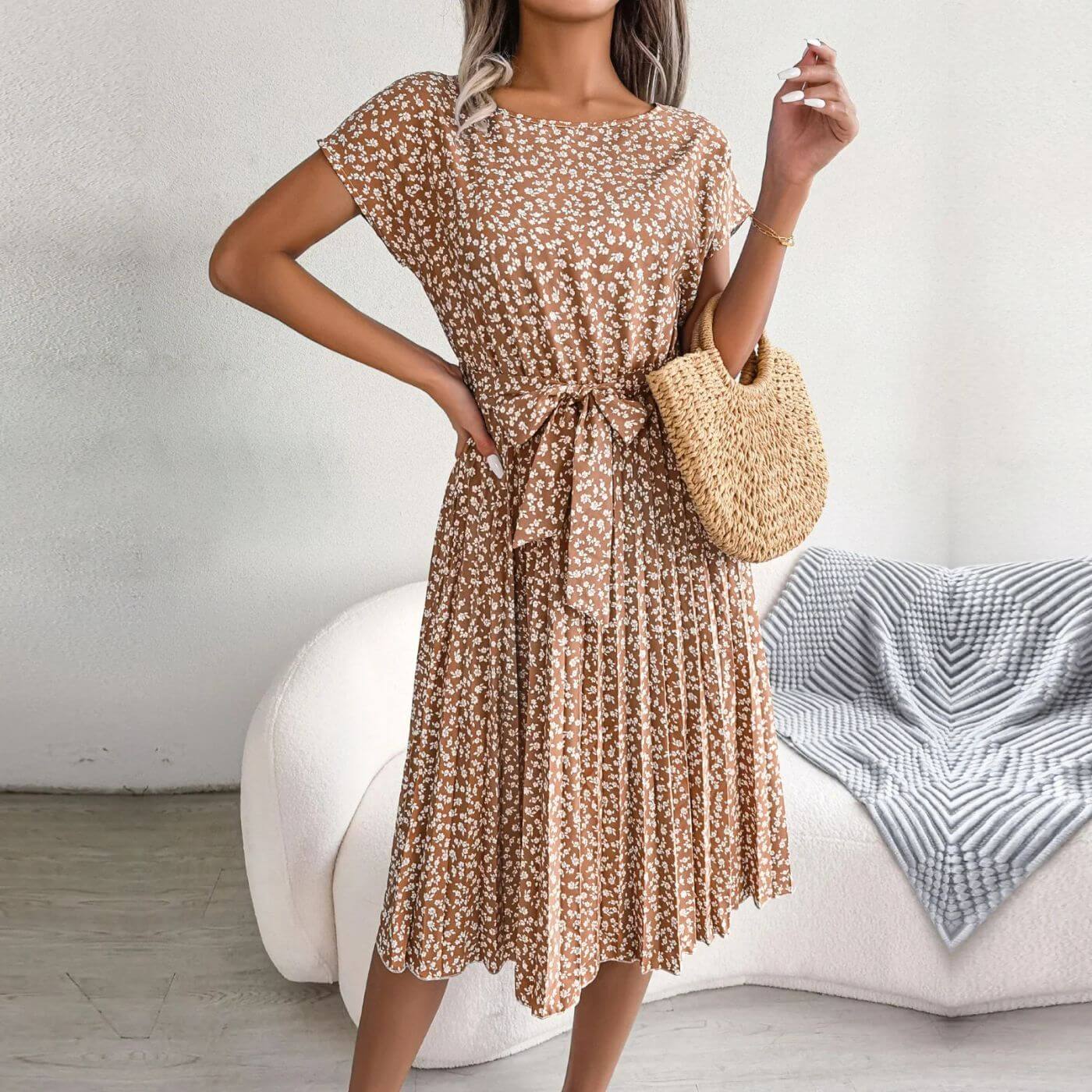 Women Floral Summer Midi Dress - Short Sleeve Belted Pleated Dress