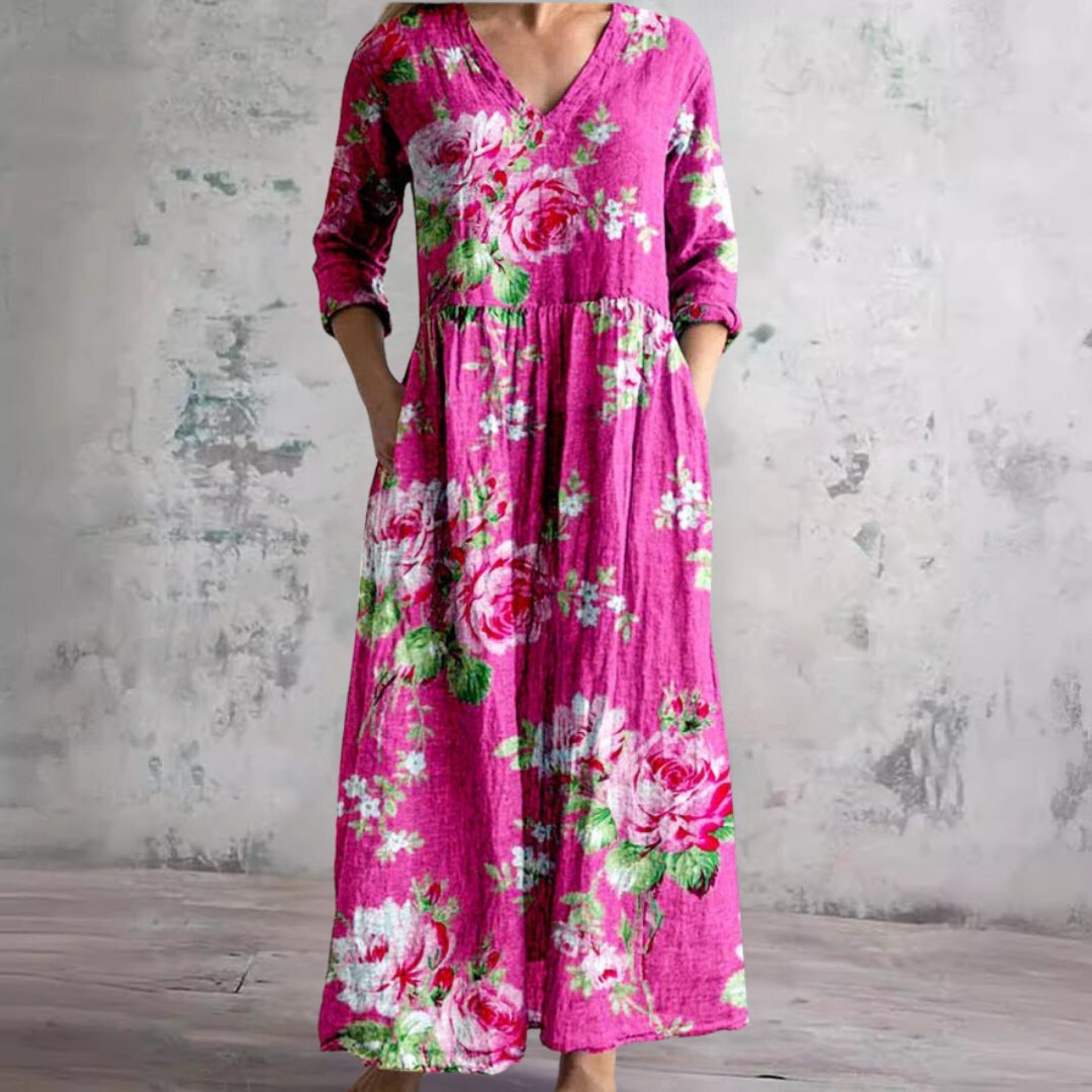 Women's Summer Dress with V-Neck and Floral Pattern