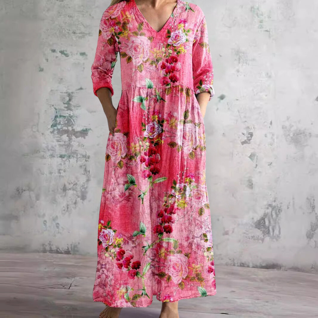 Women's Summer Dress with V-Neck and Floral Pattern