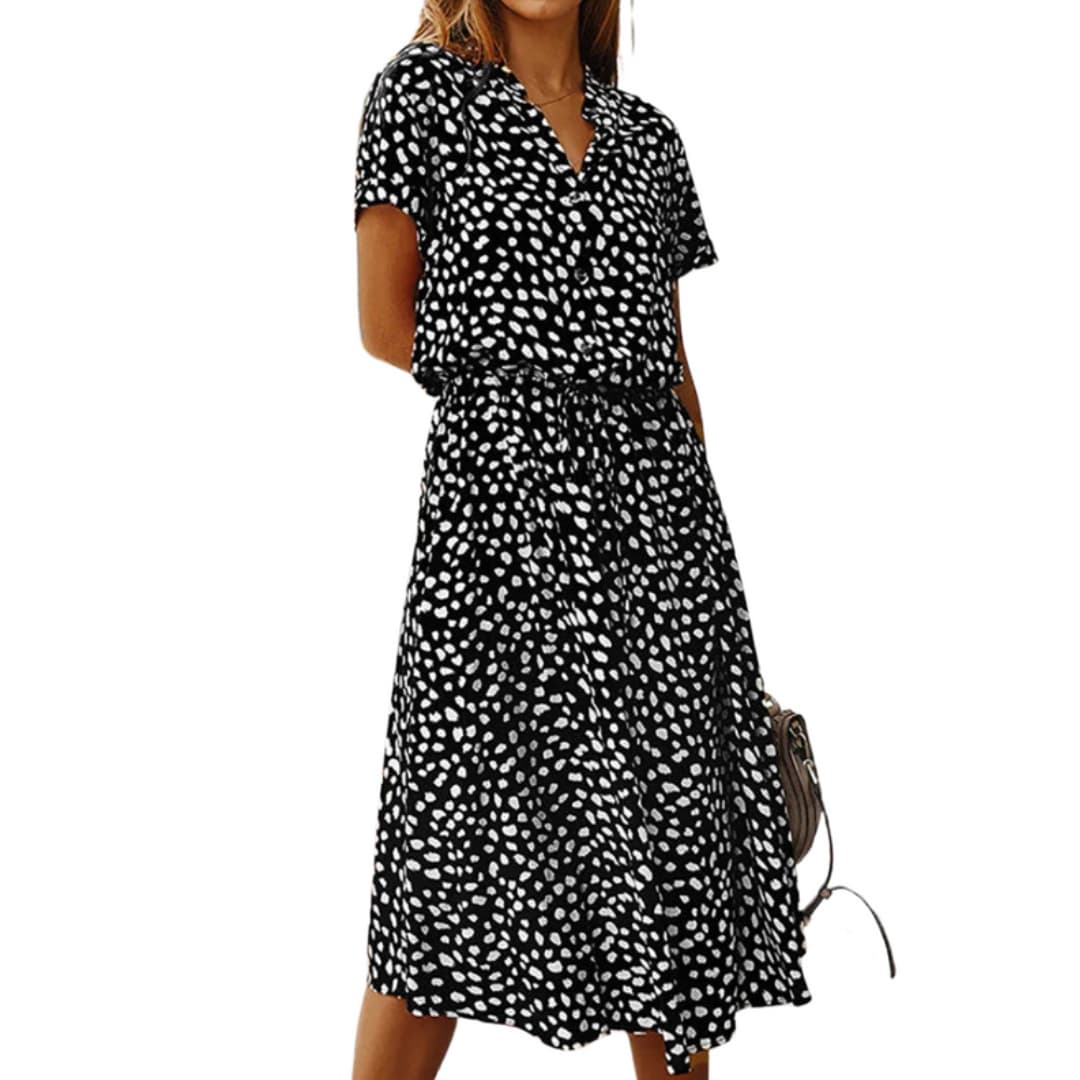 Women's Midi Dress with Button Front and Drawstring Waist
