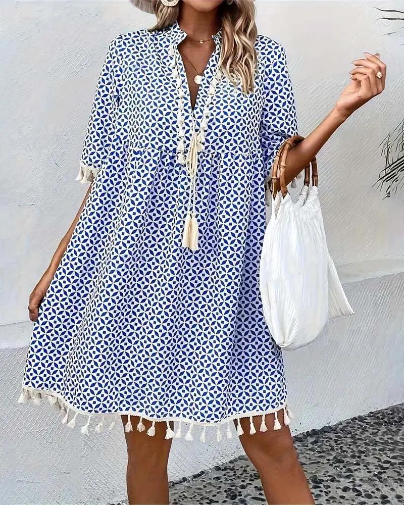 Boho Geometric Print Mini Tunic Dress – Casual