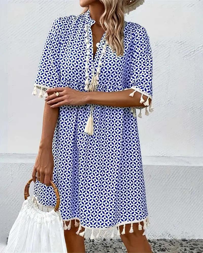 Boho Geometric Print Mini Tunic Dress – Casual