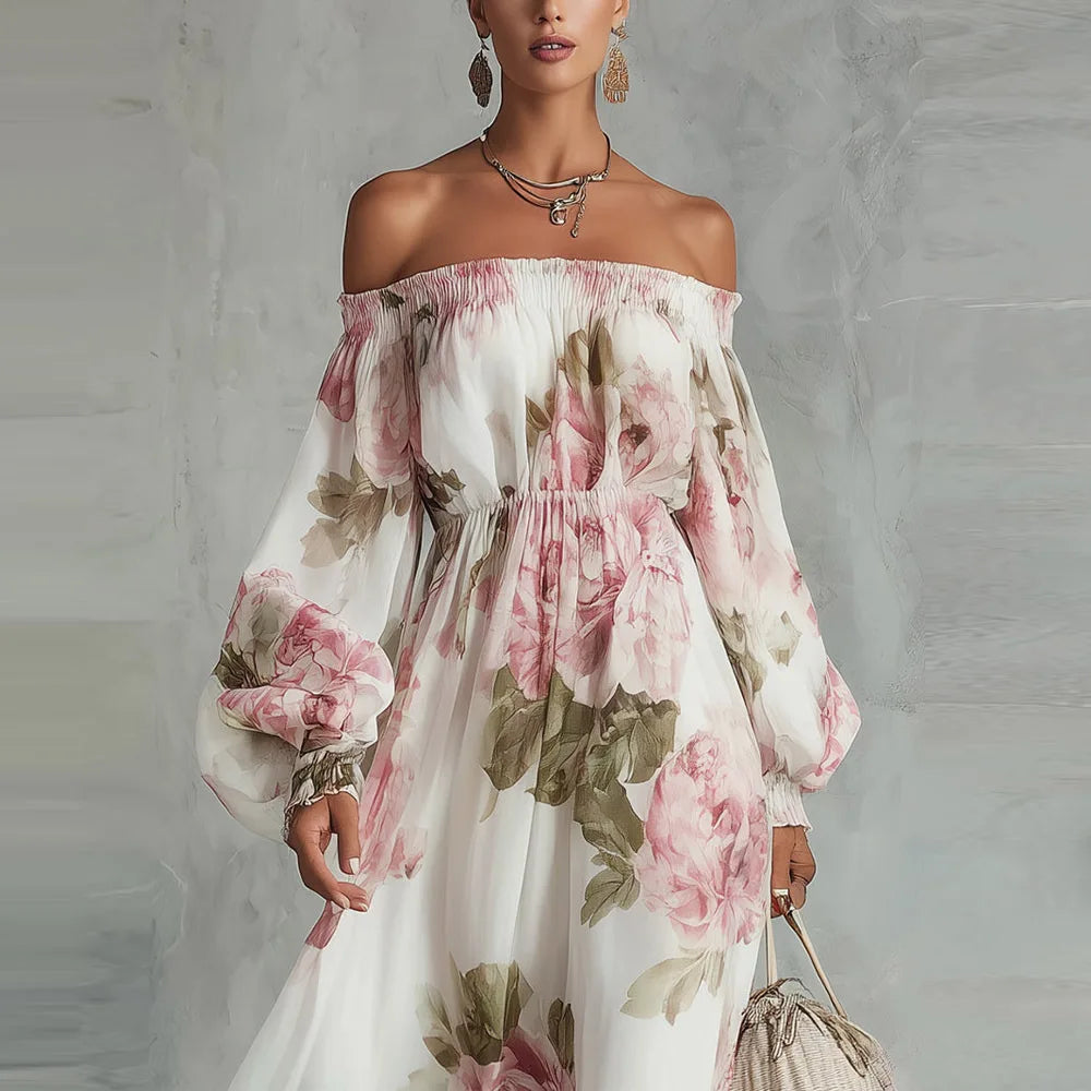PEONIA | Off-the-Shoulder Floral Maxi Dress with Long Sleeves