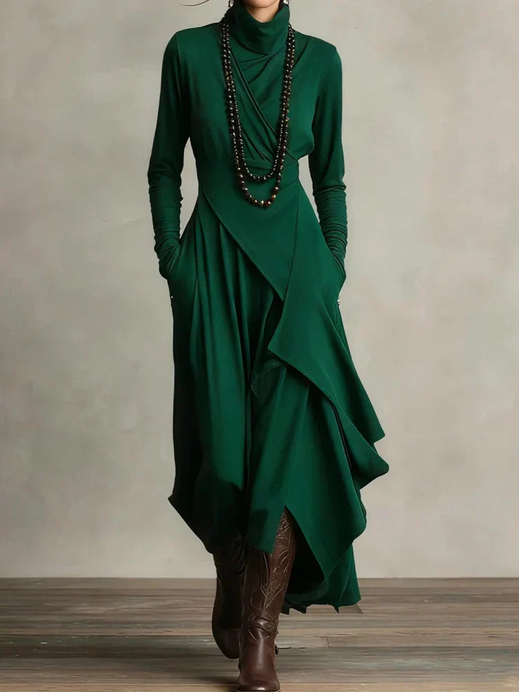 Natalia – Asymmetric Maxi Knit Dress with Turtleneck