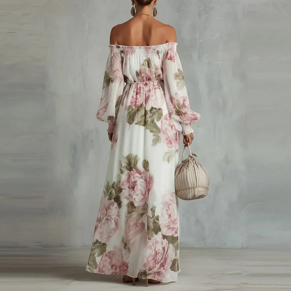 PEONIA | Off-the-Shoulder Floral Maxi Dress with Long Sleeves