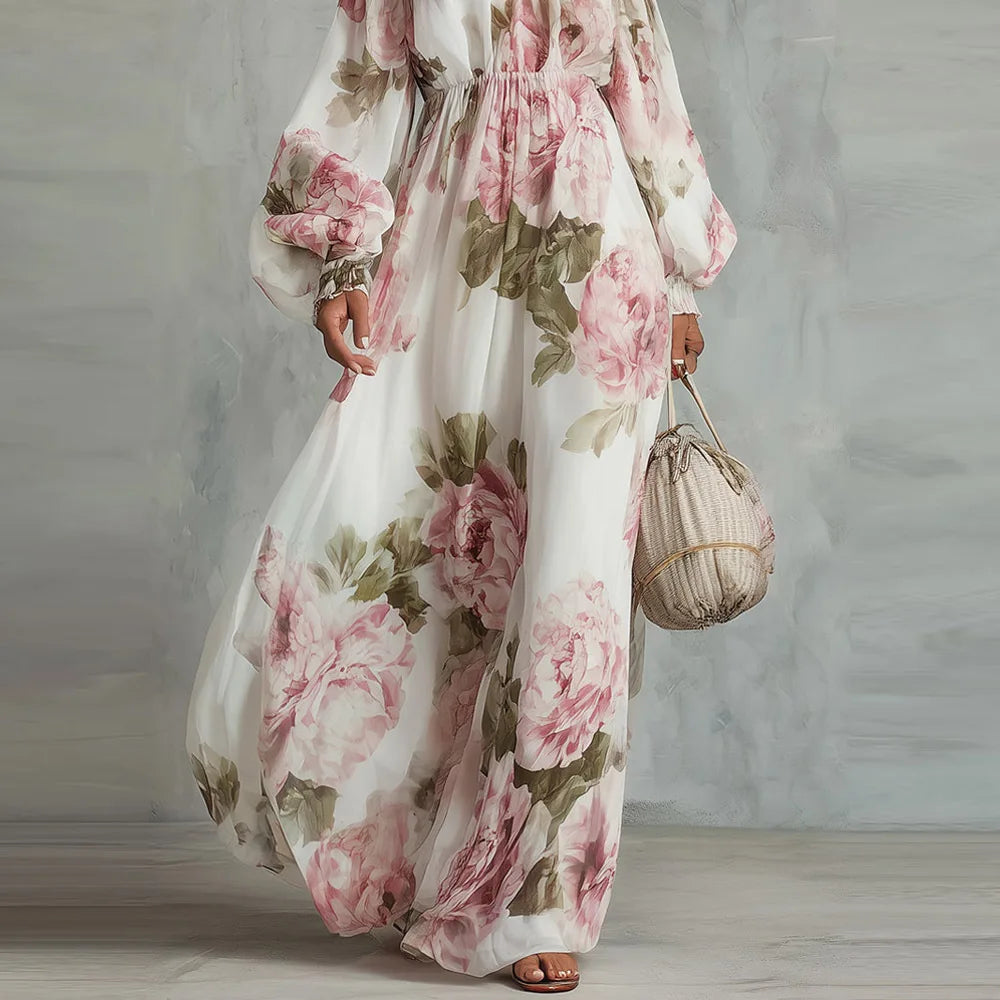 PEONIA | Off-the-Shoulder Floral Maxi Dress with Long Sleeves