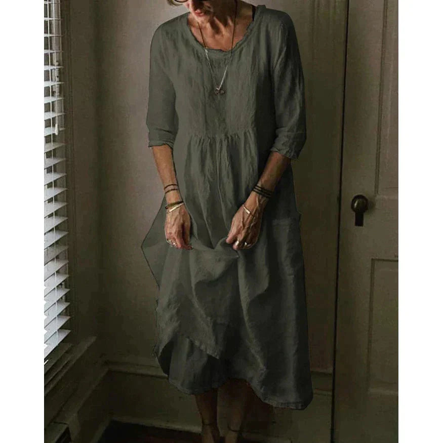 Félesca | Women's cotton linen maxi summer dress with round neck and short sleeves