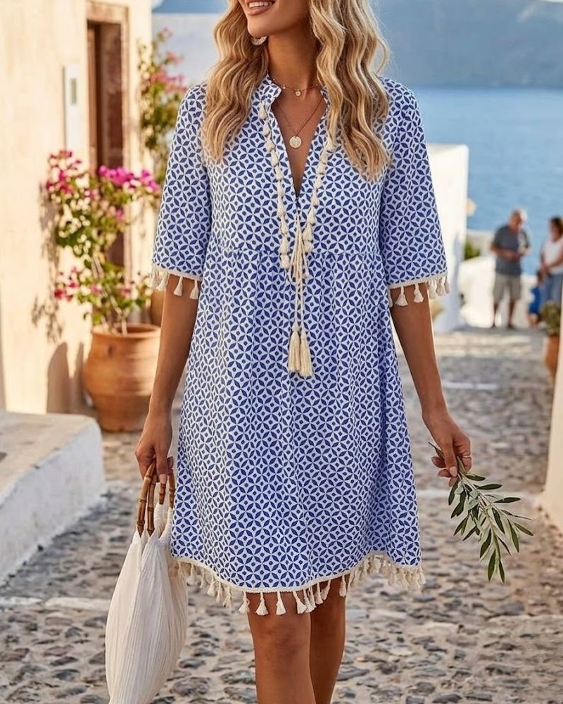 Boho Geometric Print Mini Tunic Dress – Casual