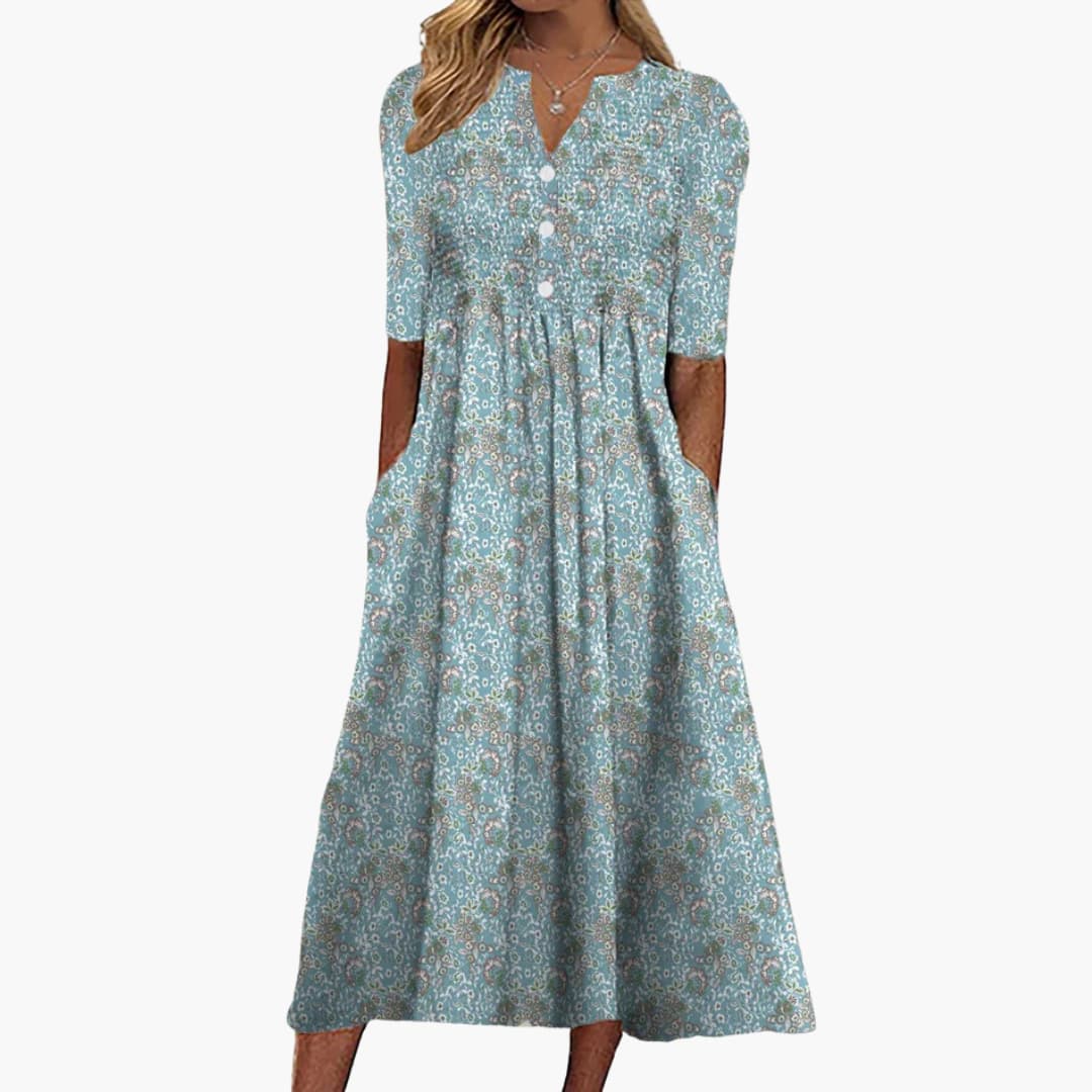 Women's Midi Dress with Floral Print and Buttoned Front