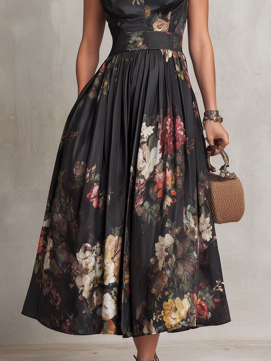 Abito Midi in Satin Pieghettato con Collare a Fessura Nero