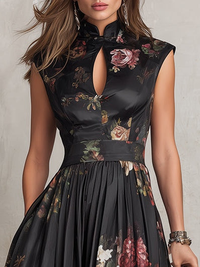 Abito Midi in Satin Pieghettato con Collare a Fessura Nero
