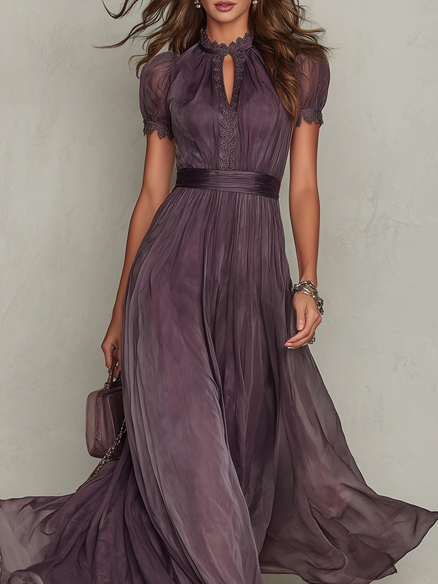 Abito Maxi in Chiffon con Collo a Chiave e Bordo in Pizzo Viola