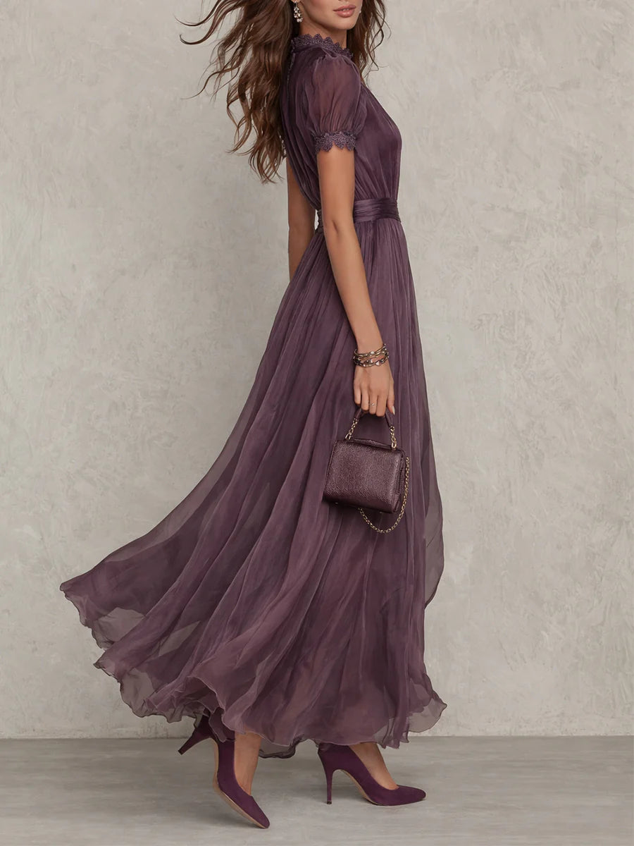 Abito Maxi in Chiffon con Collo a Chiave e Bordo in Pizzo Viola