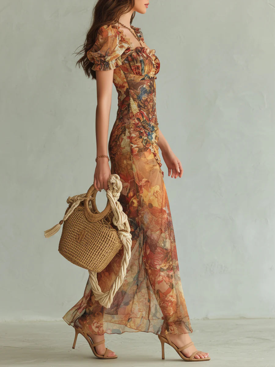 Stampa di un Dipinto a Olio Bohemien Arancione Vestito Maxi in Chiffon