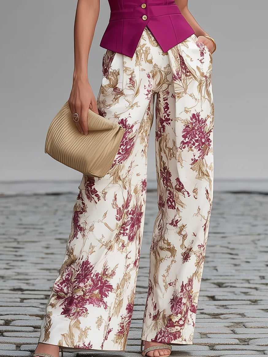 Set di Gilet Senza Maniche Rosa e Pantaloni a Gamba Larga con Stampa Floreale