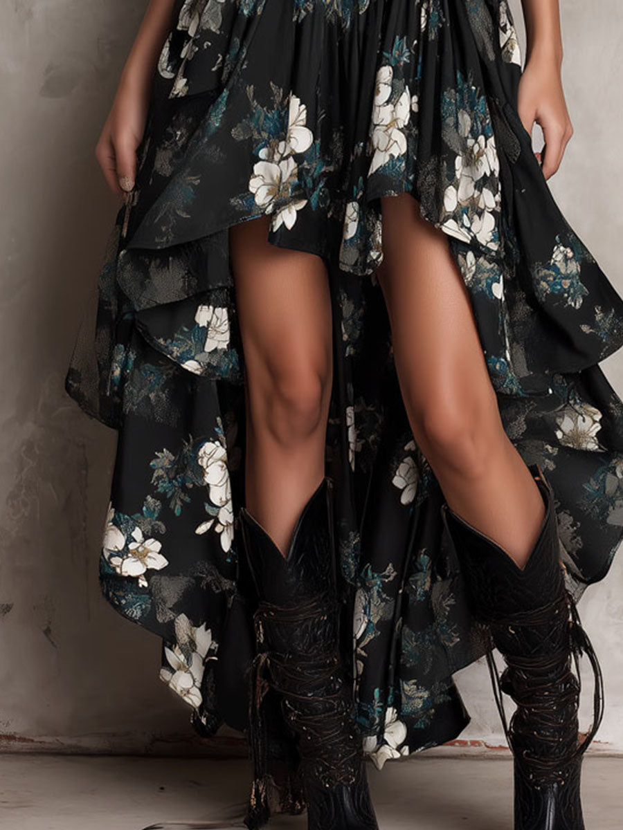 Abito Maxi Senza Spalline a Stampa Floreale Bohemien Nero