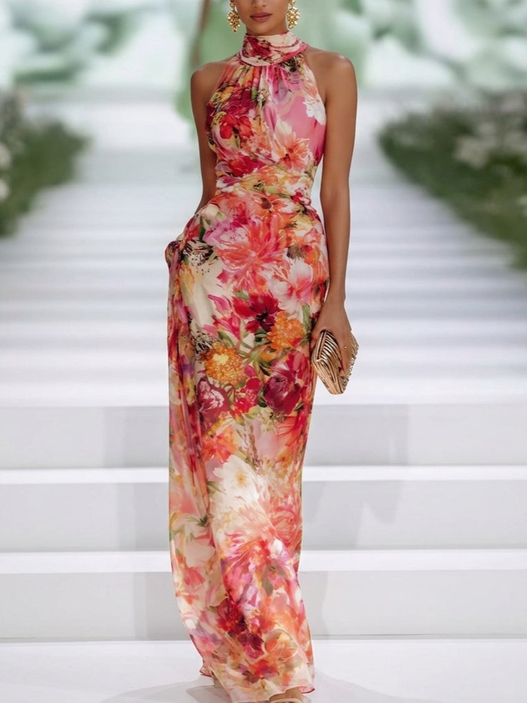 Abito Maxy Senza Maniche in Chiffon Rosso con Scollo a Halter e Fantasia Floreale