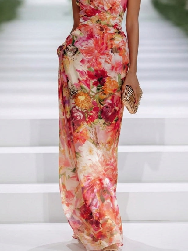 Abito Maxy Senza Maniche in Chiffon Rosso con Scollo a Halter e Fantasia Floreale