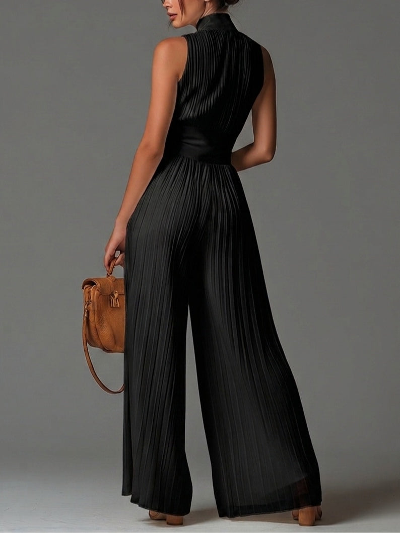 Tuta in Chiffon Nera Senza Maniche con Zip e Pieghe a Gamba Larga