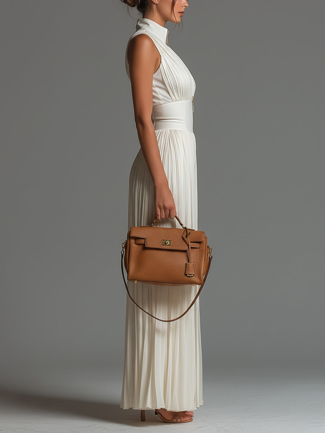 Tuta in chiffon bianca senza maniche con scollo a V e zip, a pieghe e gamba larga